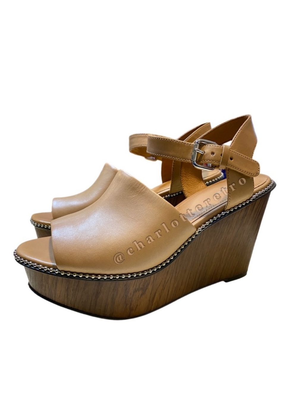Coach • Harla Platform Wedge Leather Sandals w Beaded Trim - Picture 2 of 10